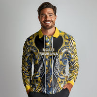 Aotearoa Ngati Raukawa Long Sleeve Polo Shirt Maori Tribal Yellow And Navy Paua Shell Pattern