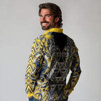 Aotearoa Ngati Raukawa Long Sleeve Polo Shirt Maori Tribal Yellow And Navy Paua Shell Pattern