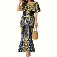 Aotearoa Ngati Raukawa Mermaid Dress Maori Tribal Yellow And Navy Paua Shell Pattern