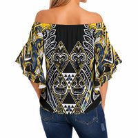 Aotearoa Ngati Raukawa Off Shoulder Wrap Waist Top Maori Tribal Yellow And Navy Paua Shell Pattern