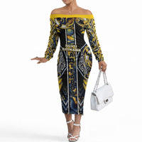 Aotearoa Ngati Raukawa Off The Shoulder Long Sleeve Dress Maori Tribal Yellow And Navy Paua Shell Pattern