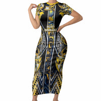 Aotearoa Ngati Raukawa Short Sleeve Bodycon Dress Maori Tribal Yellow And Navy Paua Shell Pattern