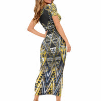 Aotearoa Ngati Raukawa Short Sleeve Bodycon Dress Maori Tribal Yellow And Navy Paua Shell Pattern