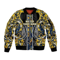 Aotearoa Ngati Raukawa Sleeve Zip Bomber Jacket Maori Tribal Yellow And Navy Paua Shell Pattern