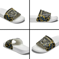 Aotearoa Ngati Raukawa Slide Sandals Maori Tribal Yellow And Navy Paua Shell Pattern