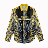 Aotearoa Ngati Raukawa Women Casual Shirt Maori Tribal Yellow And Navy Paua Shell Pattern