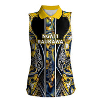 Aotearoa Ngati Raukawa Women Sleeveless Polo Shirt Maori Tribal Yellow And Navy Paua Shell Pattern