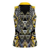 Aotearoa Ngati Raukawa Women Sleeveless Polo Shirt Maori Tribal Yellow And Navy Paua Shell Pattern