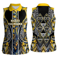 Aotearoa Ngati Raukawa Women Sleeveless Polo Shirt Maori Tribal Yellow And Navy Paua Shell Pattern
