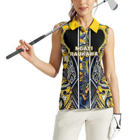 Aotearoa Ngati Raukawa Women Sleeveless Polo Shirt Maori Tribal Yellow And Navy Paua Shell Pattern