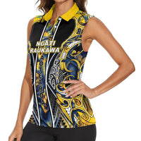 Aotearoa Ngati Raukawa Women Sleeveless Polo Shirt Maori Tribal Yellow And Navy Paua Shell Pattern