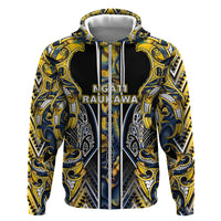 Aotearoa Ngati Raukawa Zip Hoodie Maori Tribal Yellow And Navy Paua Shell Pattern