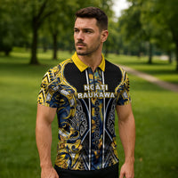 Aotearoa Ngati Raukawa Zipper Polo Shirt Maori Tribal Yellow And Navy Paua Shell Pattern