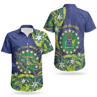 Cook Islands Language Week Couples Matching Off Shoulder Short Dress and Hawaiian Shirt Flying Fish 15 Stars Tribal Patterns