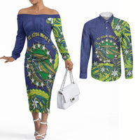 Cook Islands Language Week Couples Matching Off The Shoulder Long Sleeve Dress and Long Sleeve Button Shirt Flying Fish 15 Stars Tribal Patterns