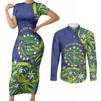 Cook Islands Language Week Couples Matching Short Sleeve Bodycon Dress and Long Sleeve Button Shirt Flying Fish 15 Stars Tribal Patterns DT05 Green - Polynesian Pride