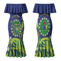 Cook Islands Language Week Family Matching Mermaid Dress and Hawaiian Shirt Flying Fish 15 Stars Tribal Patterns DT05 Mom's Dress Green - Polynesian Pride