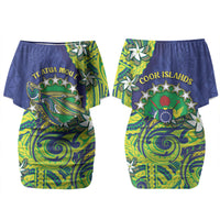 Cook Islands Language Week Family Matching Off Shoulder Short Dress and Hawaiian Shirt Flying Fish 15 Stars Tribal Patterns DT05 Mom's Dress Green - Polynesian Pride