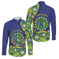 Cook Islands Language Week Family Matching Puletasi and Hawaiian Shirt Flying Fish 15 Stars Tribal Patterns DT05 Dad's Shirt - Long Sleeve Green - Polynesian Pride