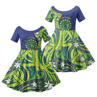 Cook Islands Language Week Family Matching Tank Maxi Dress and Hawaiian Shirt Flying Fish 15 Stars Tribal Patterns DT05 Daughter's Dress Green - Polynesian Pride