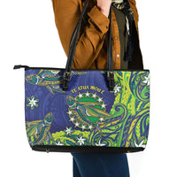 Cook Islands Language Week Leather Tote Bag Flying Fish 15 Stars Tribal Patterns