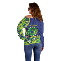 Cook Islands Language Week Off Shoulder Sweater Flying Fish 15 Stars Tribal Patterns
