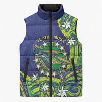 Cook Islands Language Week Sleeveless Puffer Jacket Flying Fish 15 Stars Tribal Patterns