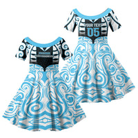 Custom Aotearoa Ngati Kahungunu Family Matching Off The Shoulder Long Sleeve Dress and Hawaiian Shirt New Zealand Traditional Maori Pattern DT05 Daughter's Dress Blue - Polynesian Pride