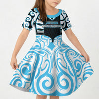 Custom Aotearoa Ngati Kahungunu Kid Short Sleeve Dress New Zealand Traditional Maori Pattern DT05 KID Blue - Polynesian Pride