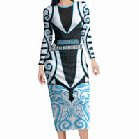 Custom Aotearoa Ngati Kahungunu Long Sleeve Bodycon Dress New Zealand Traditional Maori Pattern DT05 Long Dress Blue - Polynesian Pride