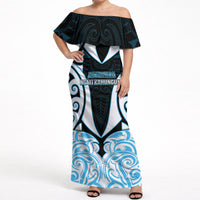 Custom Aotearoa Ngati Kahungunu Off Shoulder Maxi Dress New Zealand Traditional Maori Pattern DT05 Women Blue - Polynesian Pride