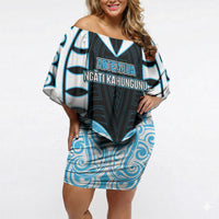 Custom Aotearoa Ngati Kahungunu Off Shoulder Short Dress New Zealand Traditional Maori Pattern DT05 Women Blue - Polynesian Pride