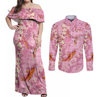 Pink Palaka Hawaiian And Japanese Couples Matching Off Shoulder Maxi Dress and Long Sleeve Button Shirt Sakura Lei With Koi Fish - Polynesian Pride