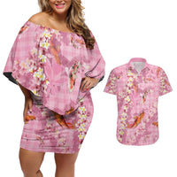 Pink Palaka Hawaiian And Japanese Couples Matching Off Shoulder Short Dress and Hawaiian Shirt Sakura Lei With Koi Fish - Polynesian Pride