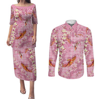 Pink Palaka Hawaiian And Japanese Couples Matching Puletasi and Long Sleeve Button Shirt Sakura Lei With Koi Fish - Polynesian Pride