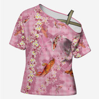 Pink Palaka Hawaiian And Japanese Cross Shoulder Shirt Sakura Lei With Koi Fish - Polynesian Pride