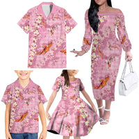 Pink Palaka Hawaiian And Japanese Family Matching Off The Shoulder Long Sleeve Dress and Hawaiian Shirt Sakura Lei With Koi Fish - Polynesian Pride