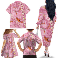 Pink Palaka Hawaiian And Japanese Family Matching Off The Shoulder Long Sleeve Dress and Hawaiian Shirt Sakura Lei With Koi Fish - Polynesian Pride