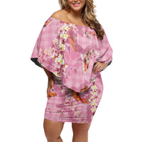 Pink Palaka Hawaiian And Japanese Family Matching Off Shoulder Short Dress and Hawaiian Shirt Sakura Lei With Koi Fish - Polynesian Pride