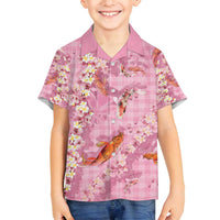 Pink Palaka Hawaiian And Japanese Family Matching Off Shoulder Short Dress and Hawaiian Shirt Sakura Lei With Koi Fish - Polynesian Pride