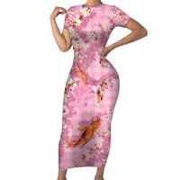 Pink Palaka Hawaiian And Japanese Family Matching Short Sleeve Bodycon Dress and Hawaiian Shirt Sakura Lei With Koi Fish - Polynesian Pride