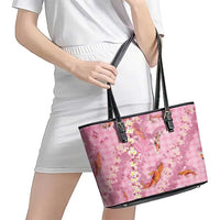 Pink Palaka Hawaiian And Japanese Leather Tote Bag Sakura Lei With Koi Fish - Polynesian Pride