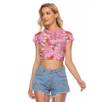 Pink Palaka Hawaiian And Japanese Raglan Cropped T Shirt Sakura Lei With Koi Fish - Polynesian Pride