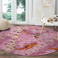 Pink Palaka Hawaiian And Japanese Round Carpet Sakura Lei With Koi Fish - Polynesian Pride