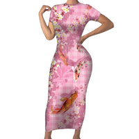 Pink Palaka Hawaiian And Japanese Short Sleeve Bodycon Dress Sakura Lei With Koi Fish - Polynesian Pride