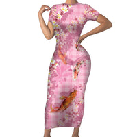 Pink Palaka Hawaiian And Japanese Short Sleeve Bodycon Dress Sakura Lei With Koi Fish - Polynesian Pride