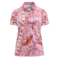 Pink Palaka Hawaiian And Japanese Women Polo Shirt Sakura Lei With Koi Fish - Polynesian Pride