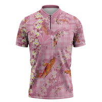 Pink Palaka Hawaiian And Japanese Zipper Polo Shirt Sakura Lei With Koi Fish - Polynesian Pride