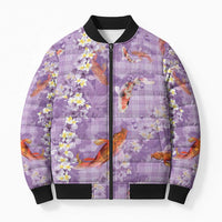 Purple Palaka Hawaiian And Japanese Bomber Puffer Jacket Sakura Lei With Koi Fish - Polynesian Pride