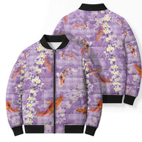 Purple Palaka Hawaiian And Japanese Bomber Puffer Jacket Sakura Lei With Koi Fish - Polynesian Pride